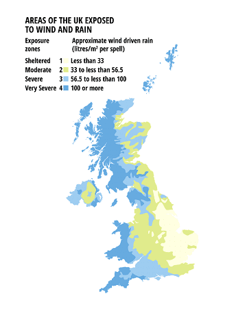 areas of the UK exposed to wind and rain